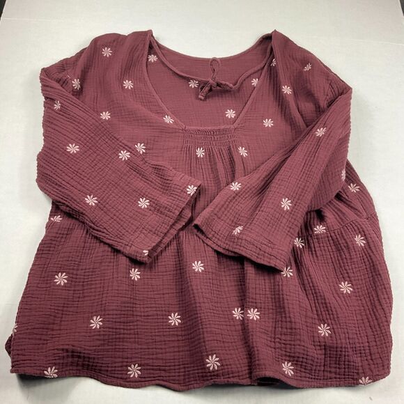 Madewell Embroidered Lightspun Peplum Top Maroon Open Back Floral Boho Shirt 2X - Picture 9 of 10